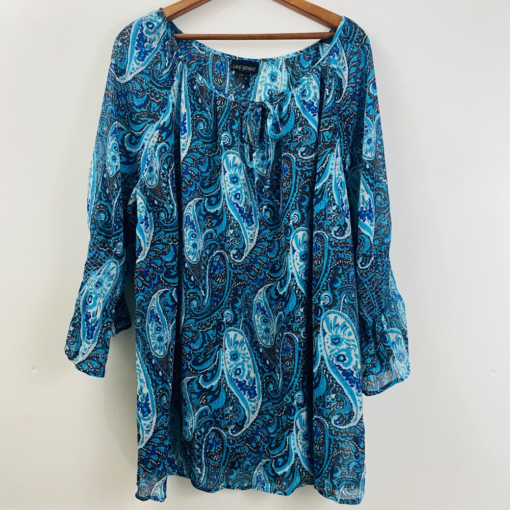 Lane Bryant 26/28W Boho Blouse Blue Teal Paisley Print Peasant Top Long Sleeve